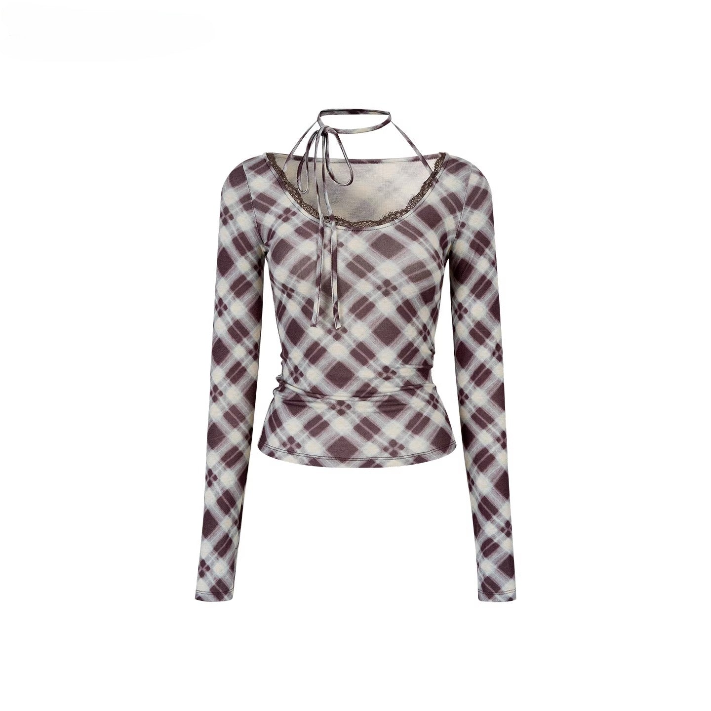 Halter Tie Plaid Long Sleeve T-Shirt