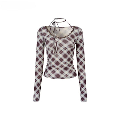 Halter Tie Plaid Long Sleeve T-Shirt