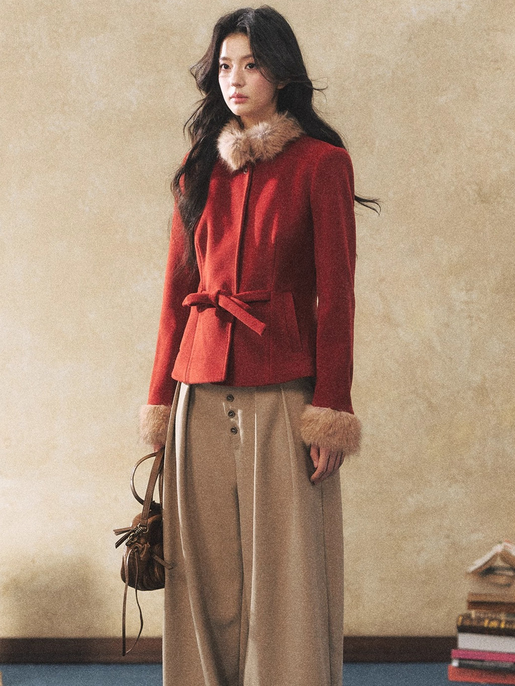 Two-Tone Tie-Detail Wool-Blend Jacket