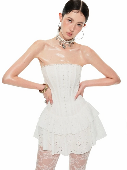 White Embroidered Chevron Dress