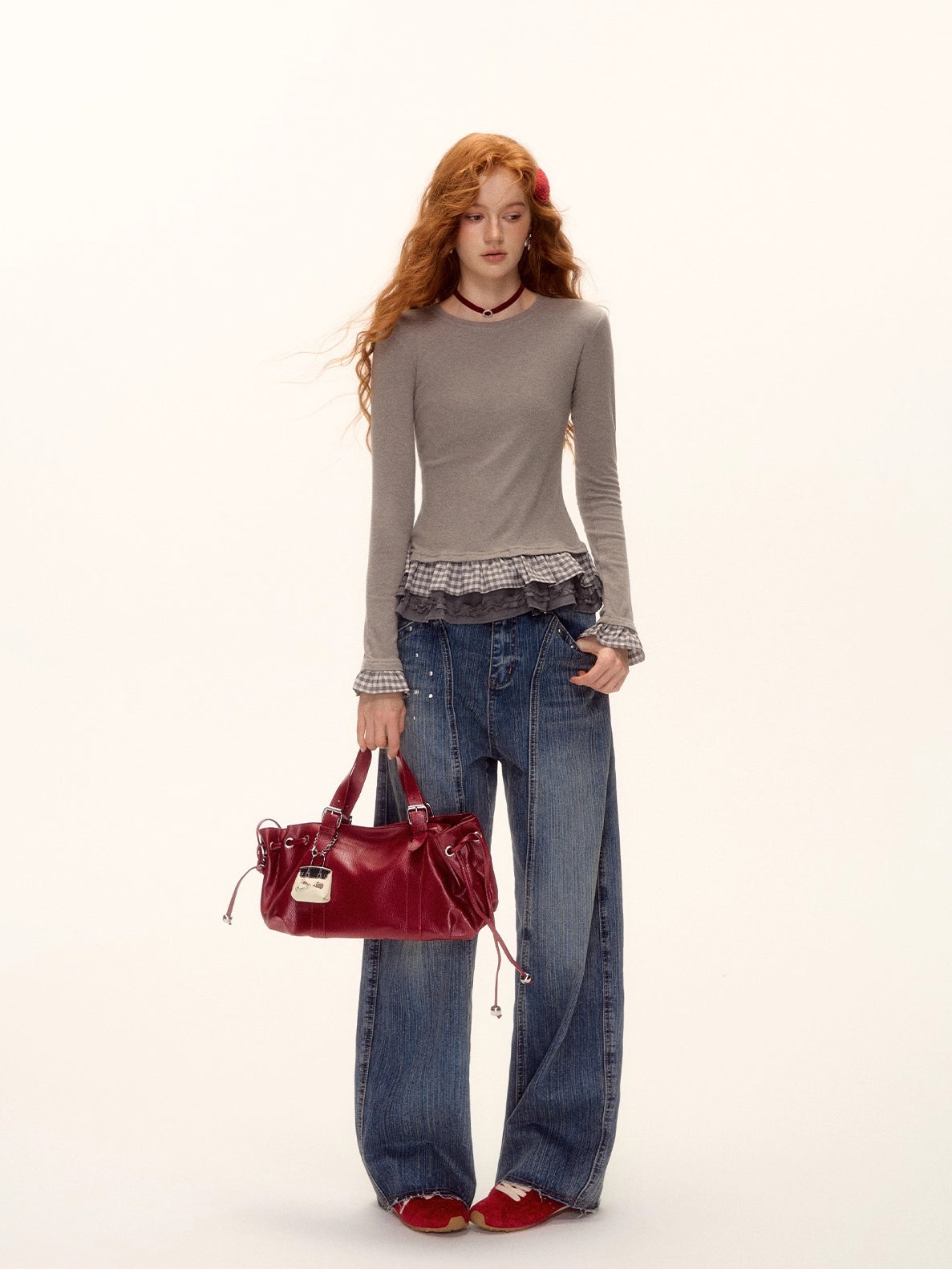 Tencel Wool Plaid Patchwork T-Shirt