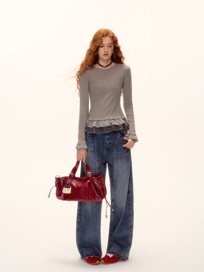 Tencel Wool Plaid Patchwork T-Shirt