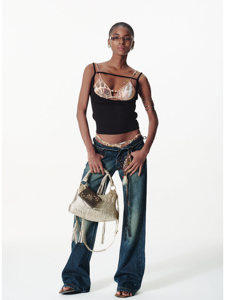 Lace-pieced V-Neck Halter T-shirt