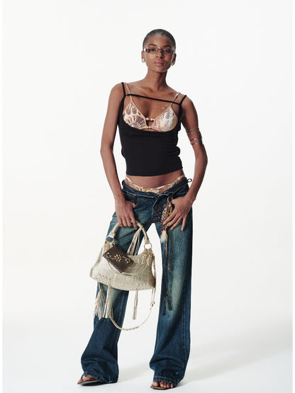 Lace-pieced V-Neck Halter T-shirt