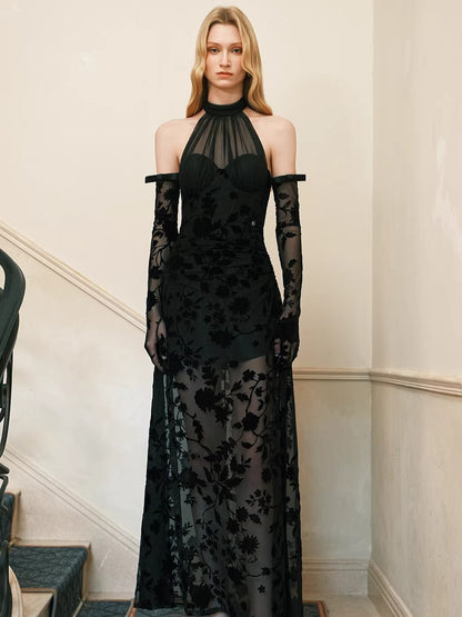 Velvet Halter-Tie Floral Corset Maxi Dress