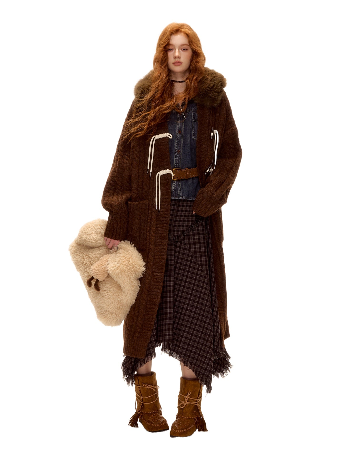 Detachable Fur Collar Cable-Knit Duffle Coat