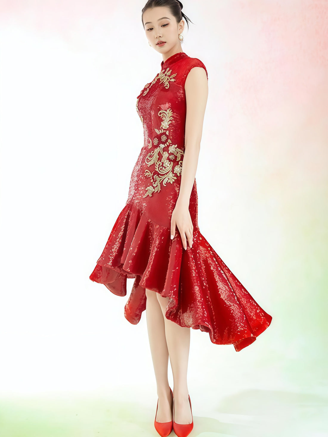 Red Embroidered High-Low Cheongsam Dress