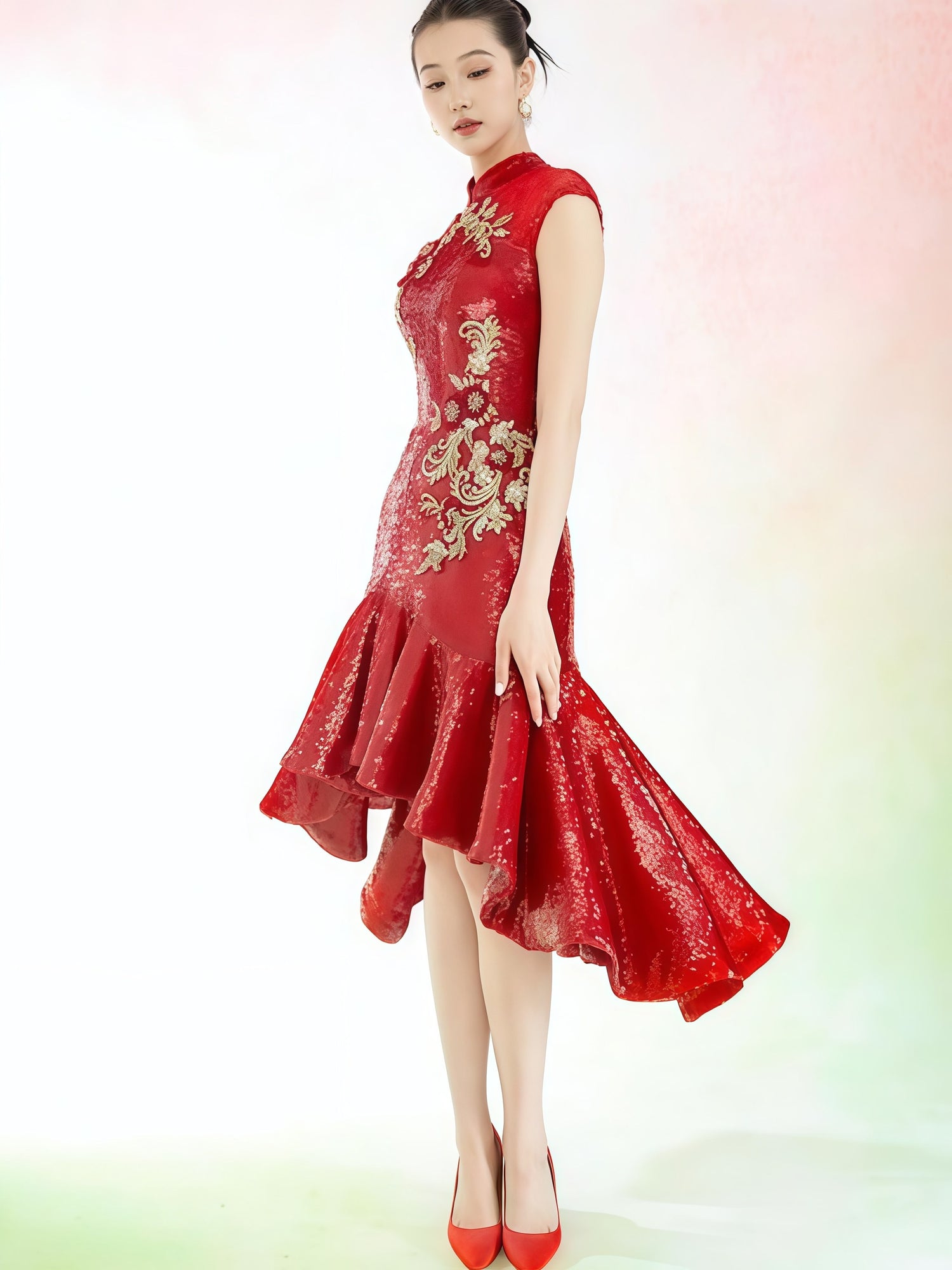 Red Embroidered High-Low Cheongsam Dress