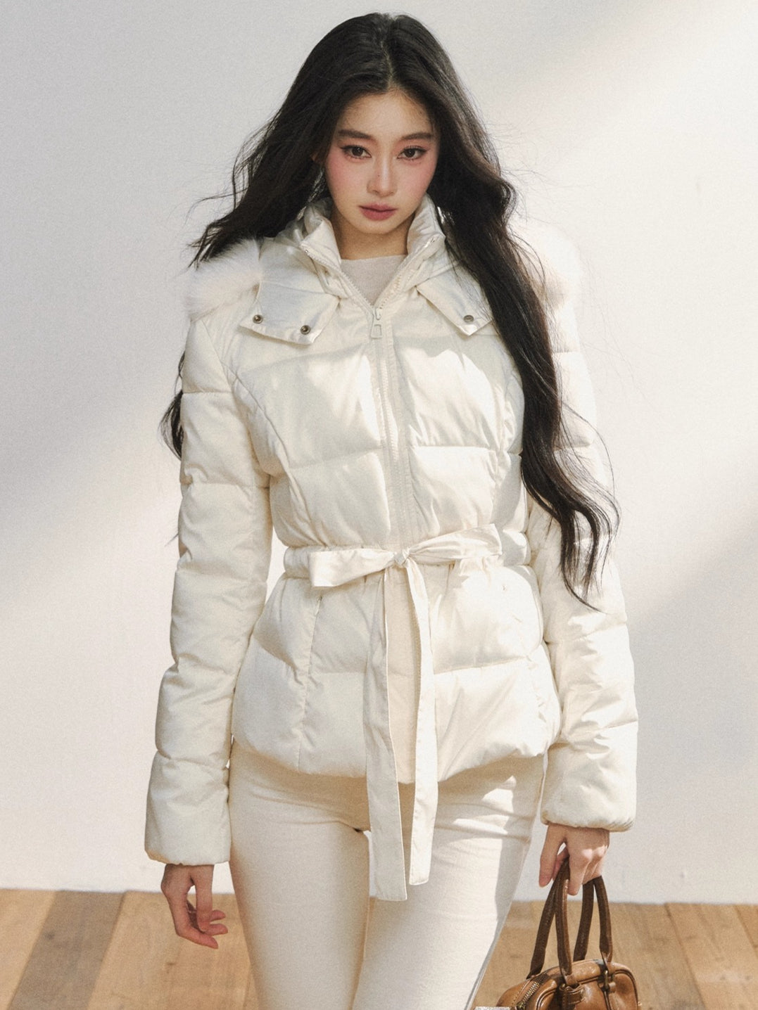Two-Tone Belted Detachable Fur Hood Down Jacket