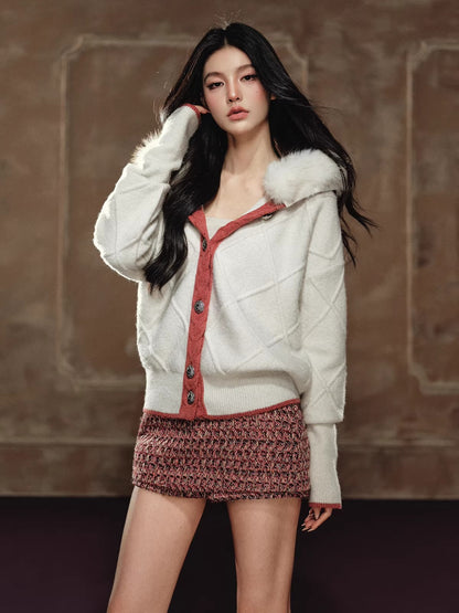 Detachable Fur-Collar Argyle Hooded Knit Cardigan