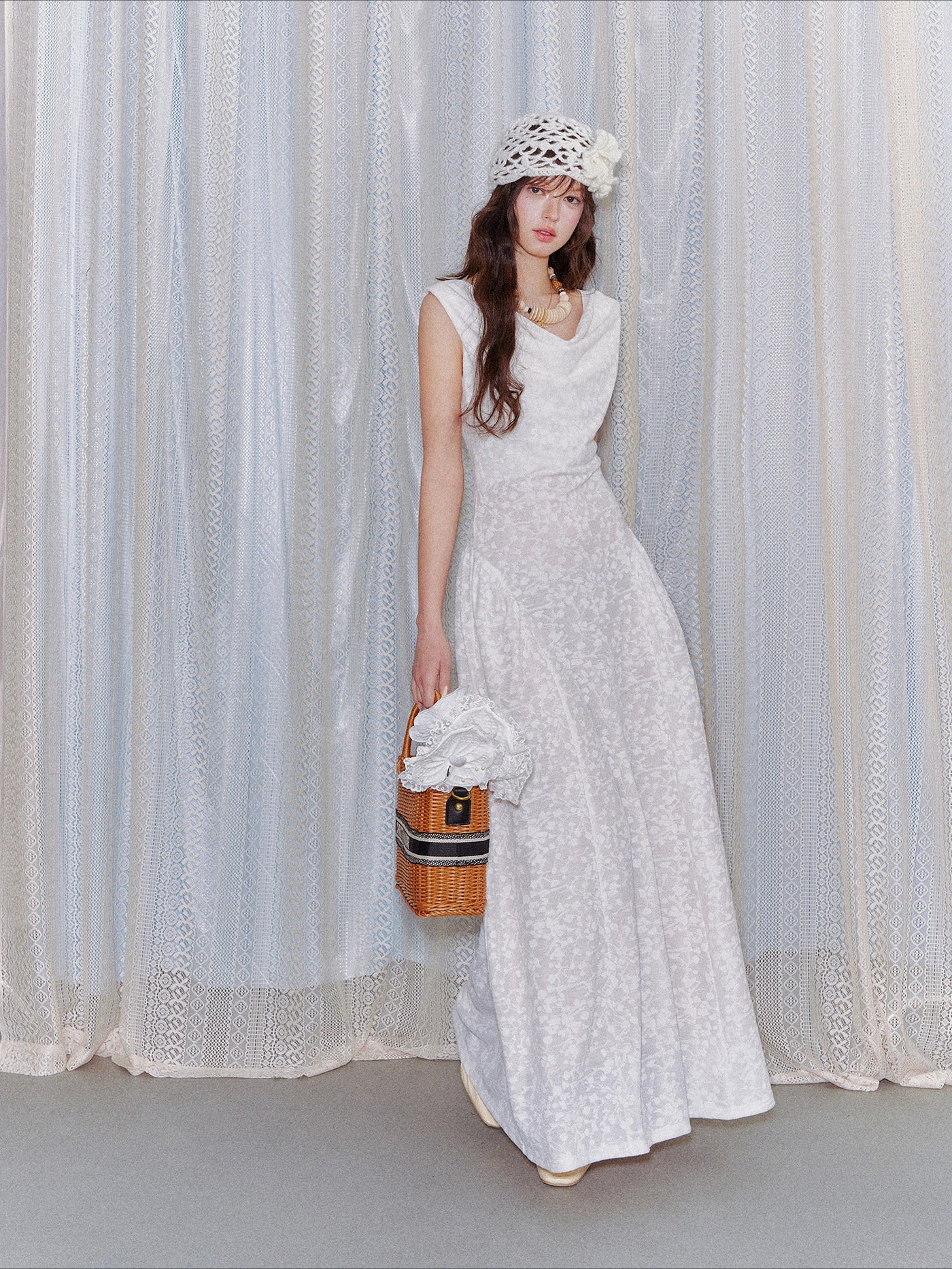 Lace Jacquard Waist-Cinched Maxi Dress