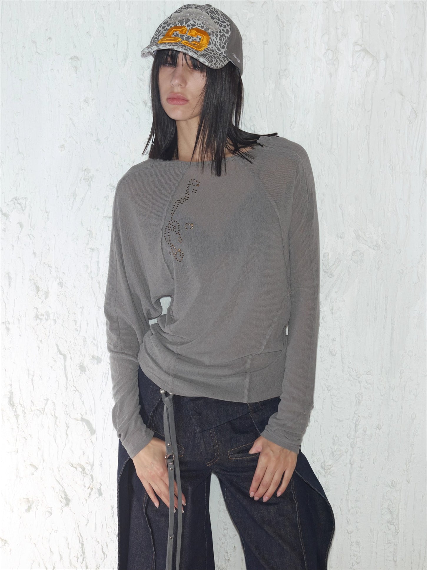 Rhinestone Frayed-Edge Knit T-Shirt