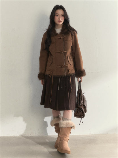 Oak Brown Suede Embroidered Shearling Jacket