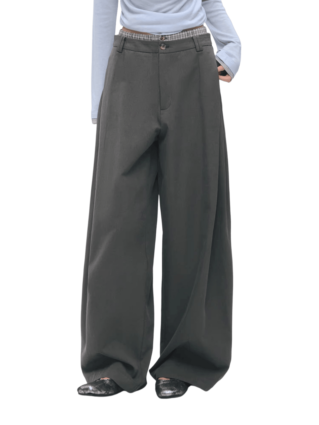 Asymmetric Pleated Curved Wide-Leg Trousers