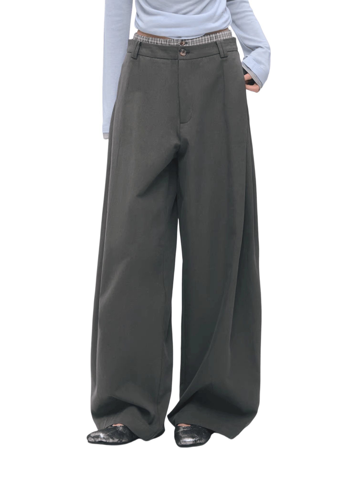 Asymmetric Pleated Curved Wide-Leg Trousers