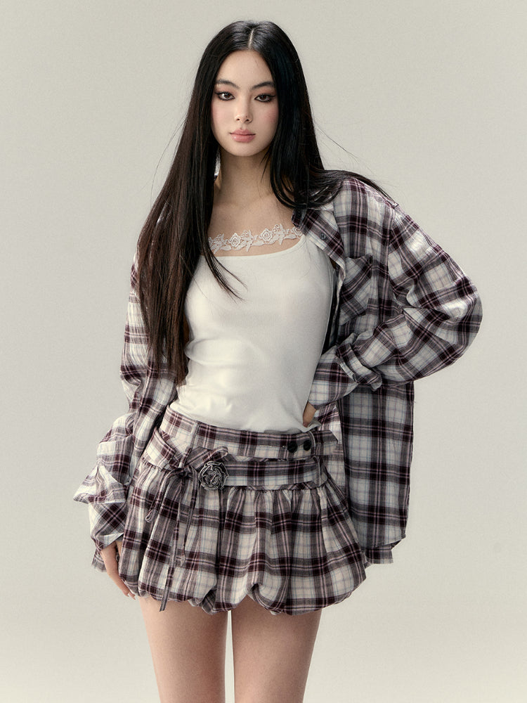 Plaid Design Shirt &amp; Skirt Set