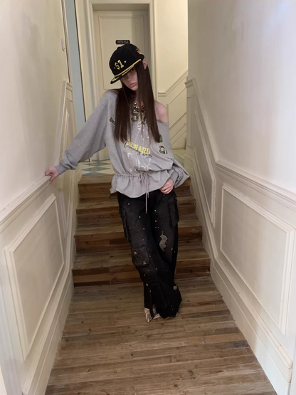 Asymmetric Graphic Drawstring Hoodie