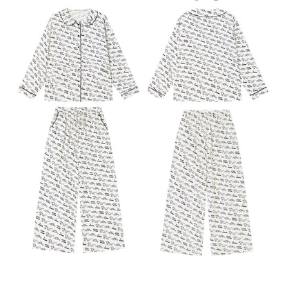 Ruffle Collar Cat Print Pajama Set