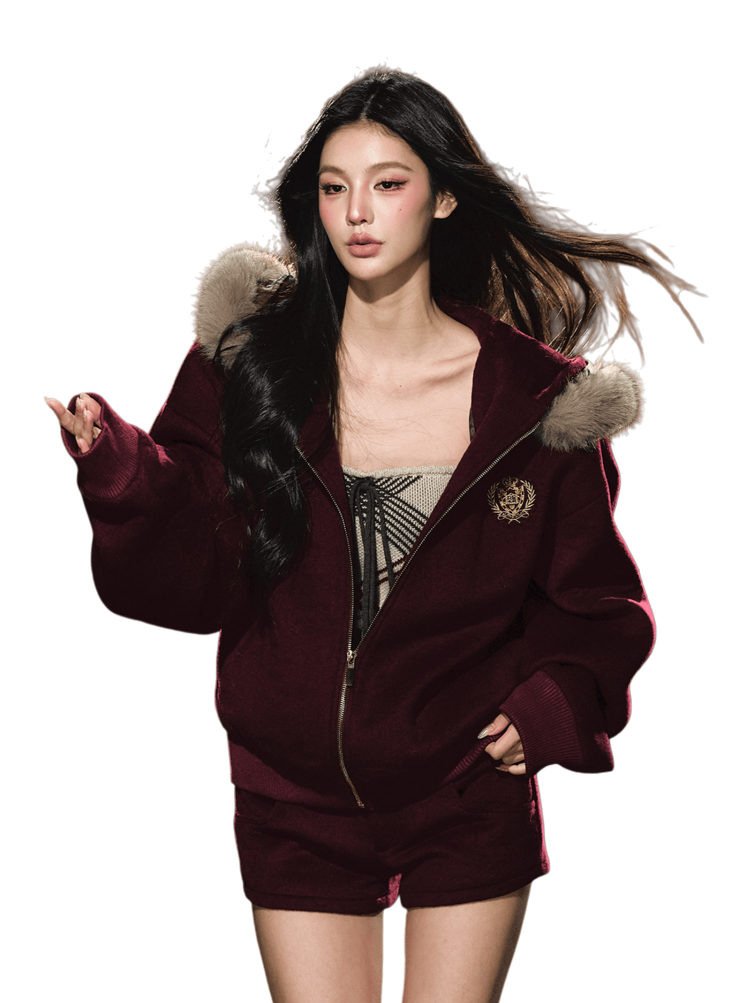 Wool-Blend Faux Fur Hooded Fleece Two-Piece Set