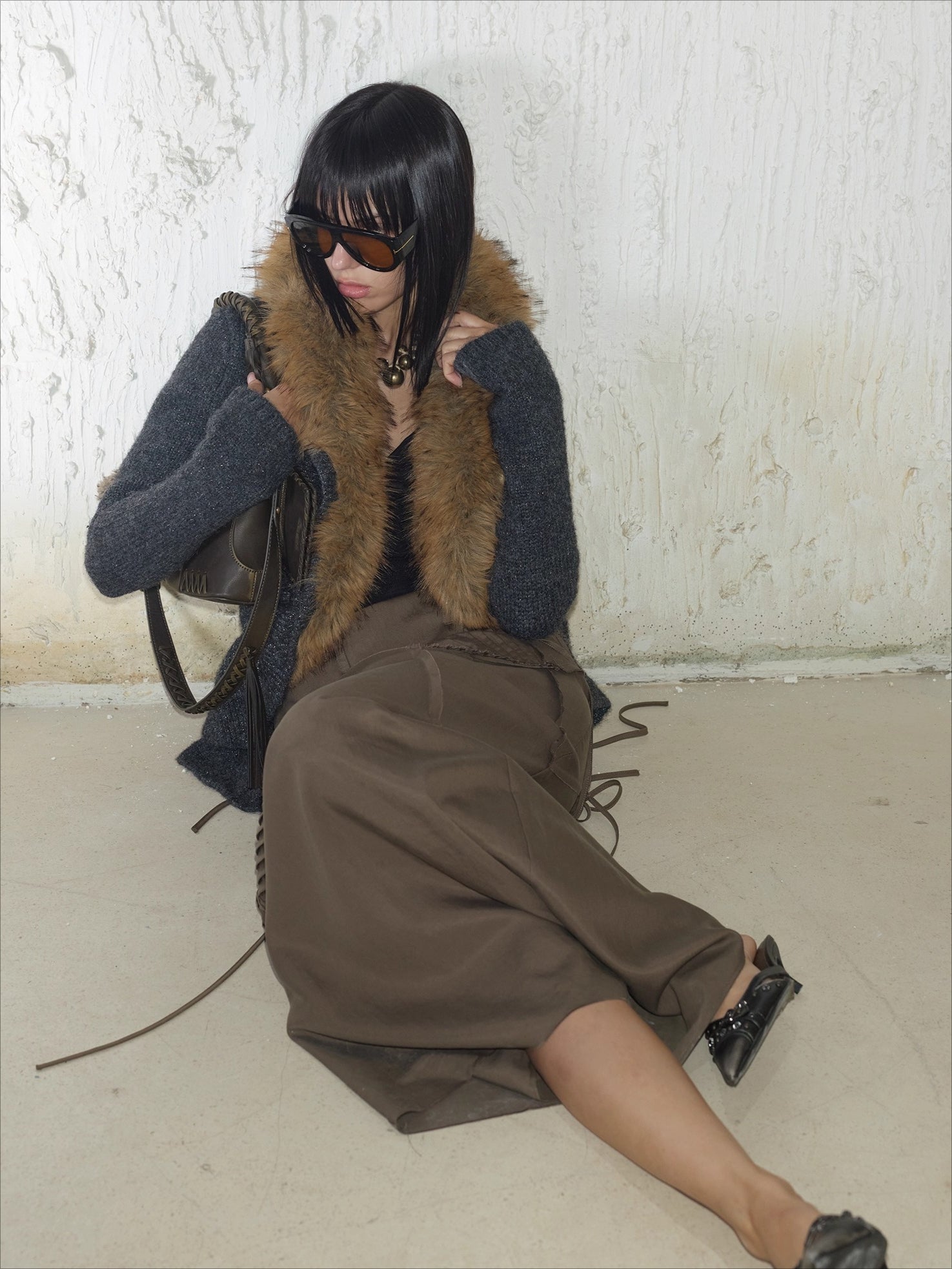 Oversized Wool-Collar Knit Cardigan Coat