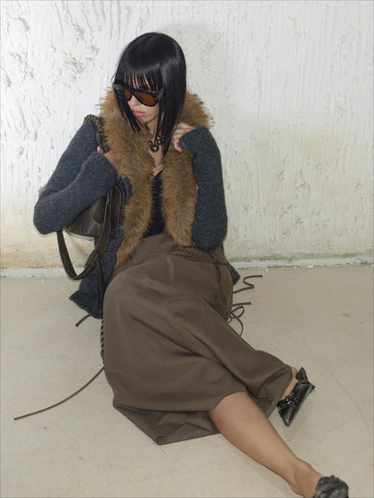 Oversized Wool-Collar Knit Cardigan Coat