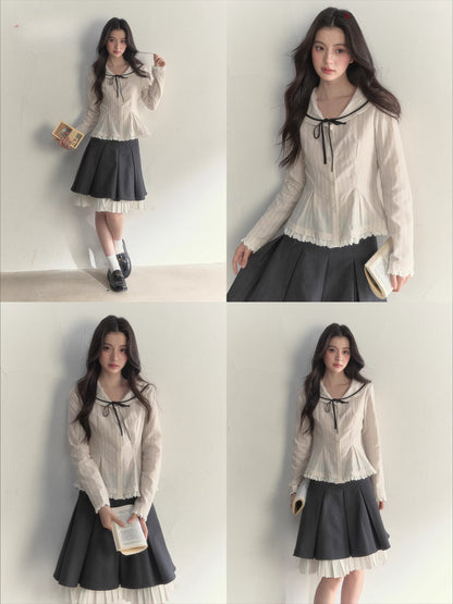 Nautical Texture Beige Fitted Blouse