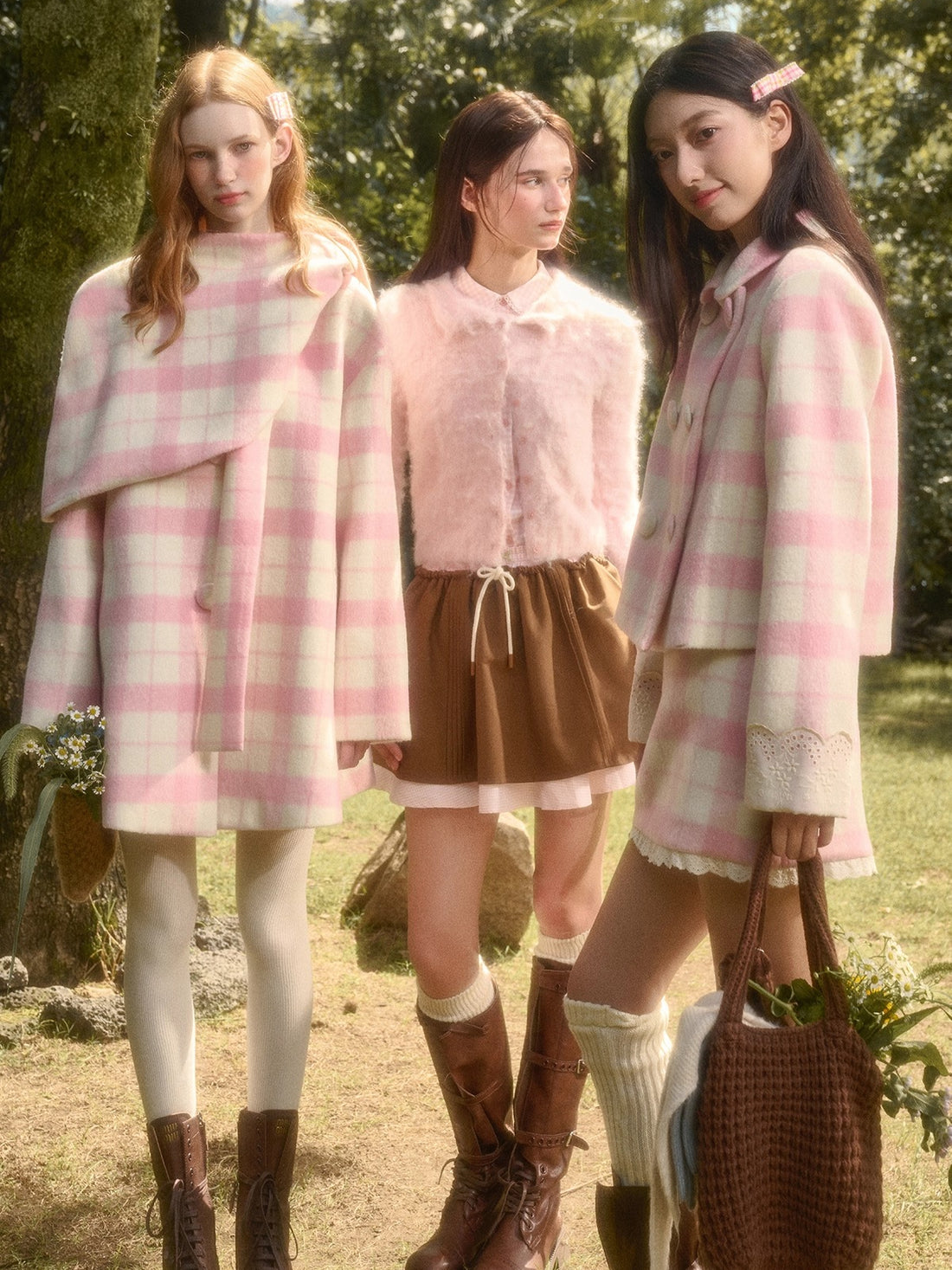 Baby Pink Raspberry Check Wool-Like Cape Coat