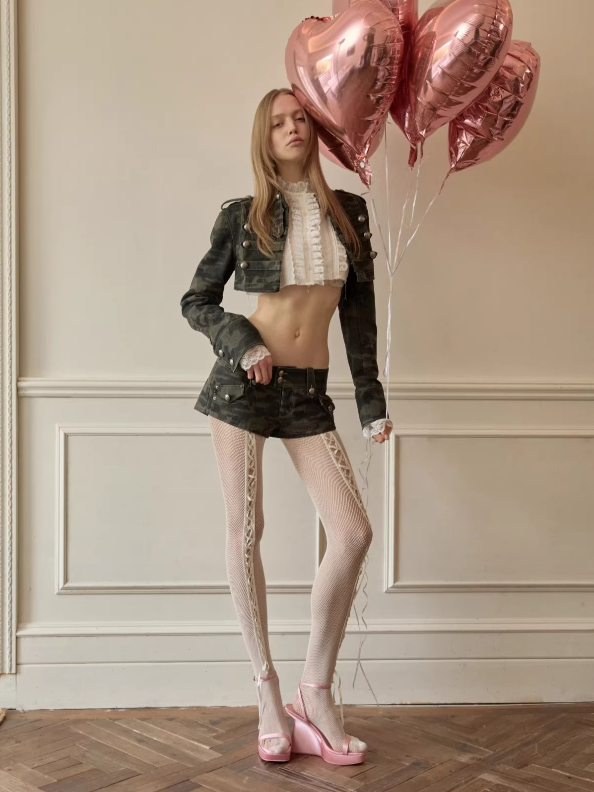 Camouflage Double-Breasted Cropped Jacket &amp; Shorts Set