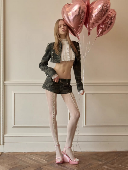 Camouflage Double-Breasted Cropped Jacket &amp; Shorts Set