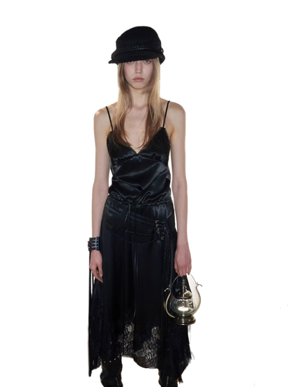 Lace Patchwork Plaid V-Neck Slip Dress