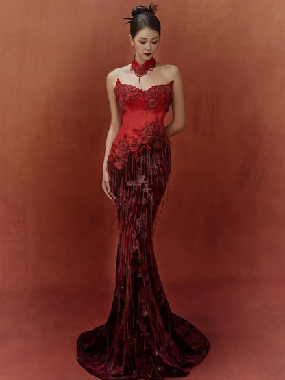 Crimson Couture Rose Embellished Detachable Train Gown