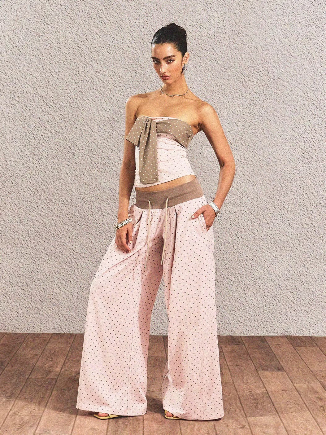 Polka-Dot Bandeau Top &amp; Straight-Leg Pants Set