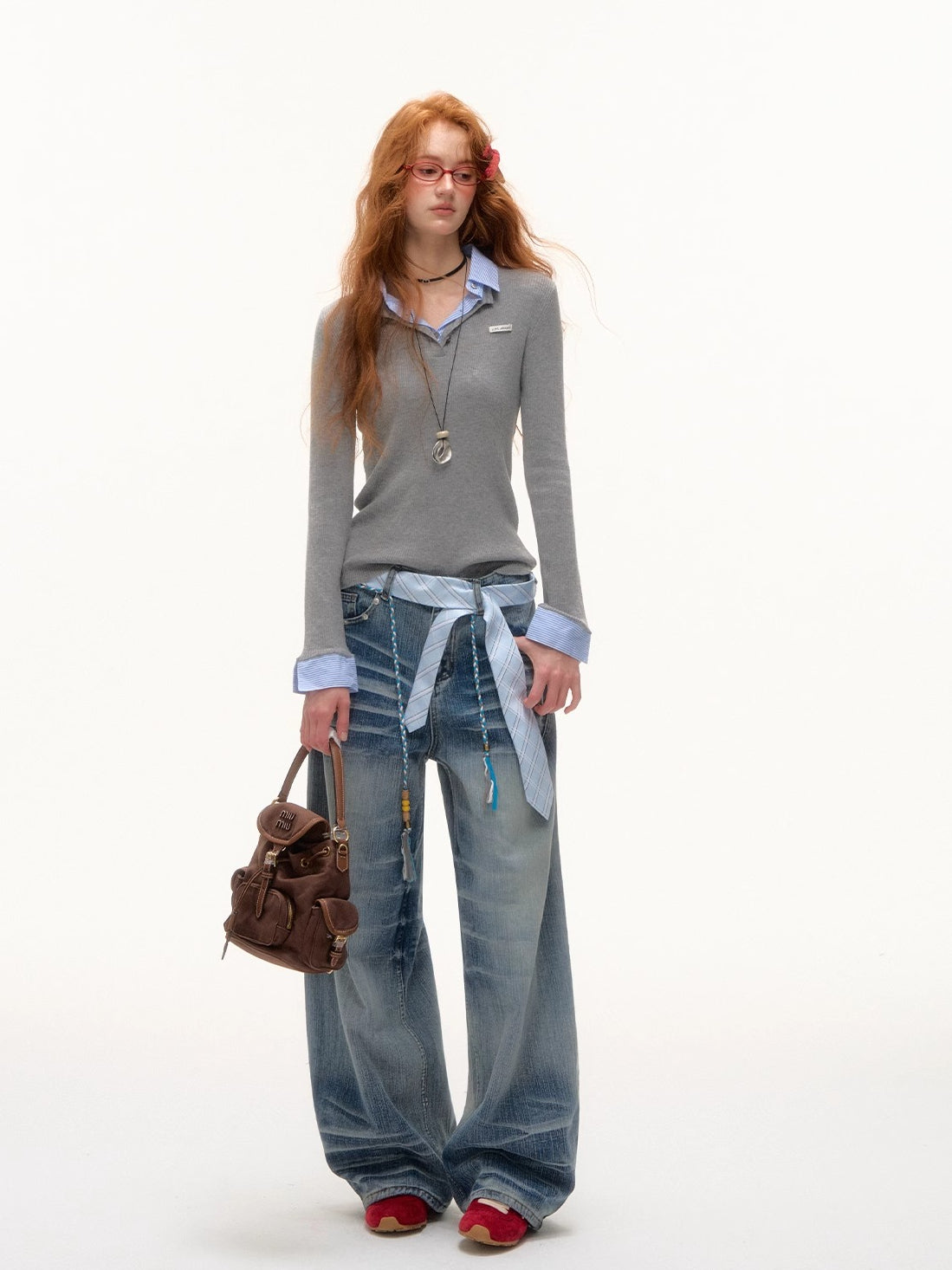 Beaded Tie-Waist Washed Denim Pants