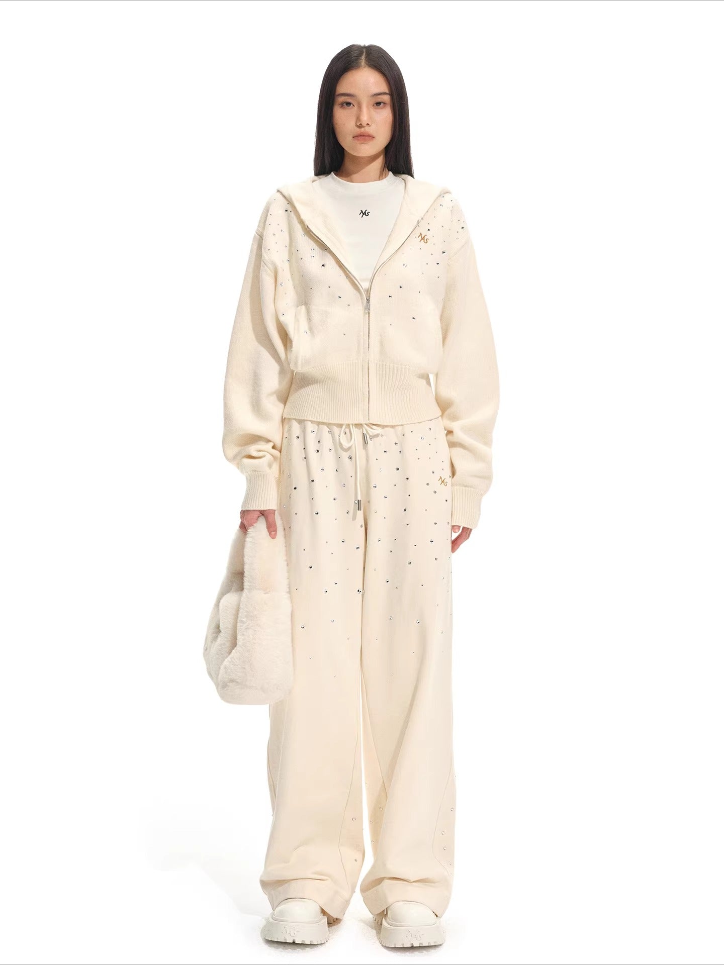 Gradient Rhinestone Cotton Knit Wide-Leg Pants