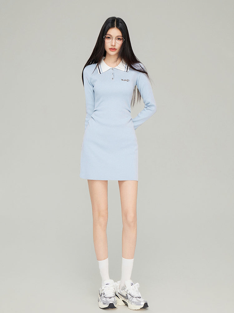 Polo Neck Waistline Knit Dress