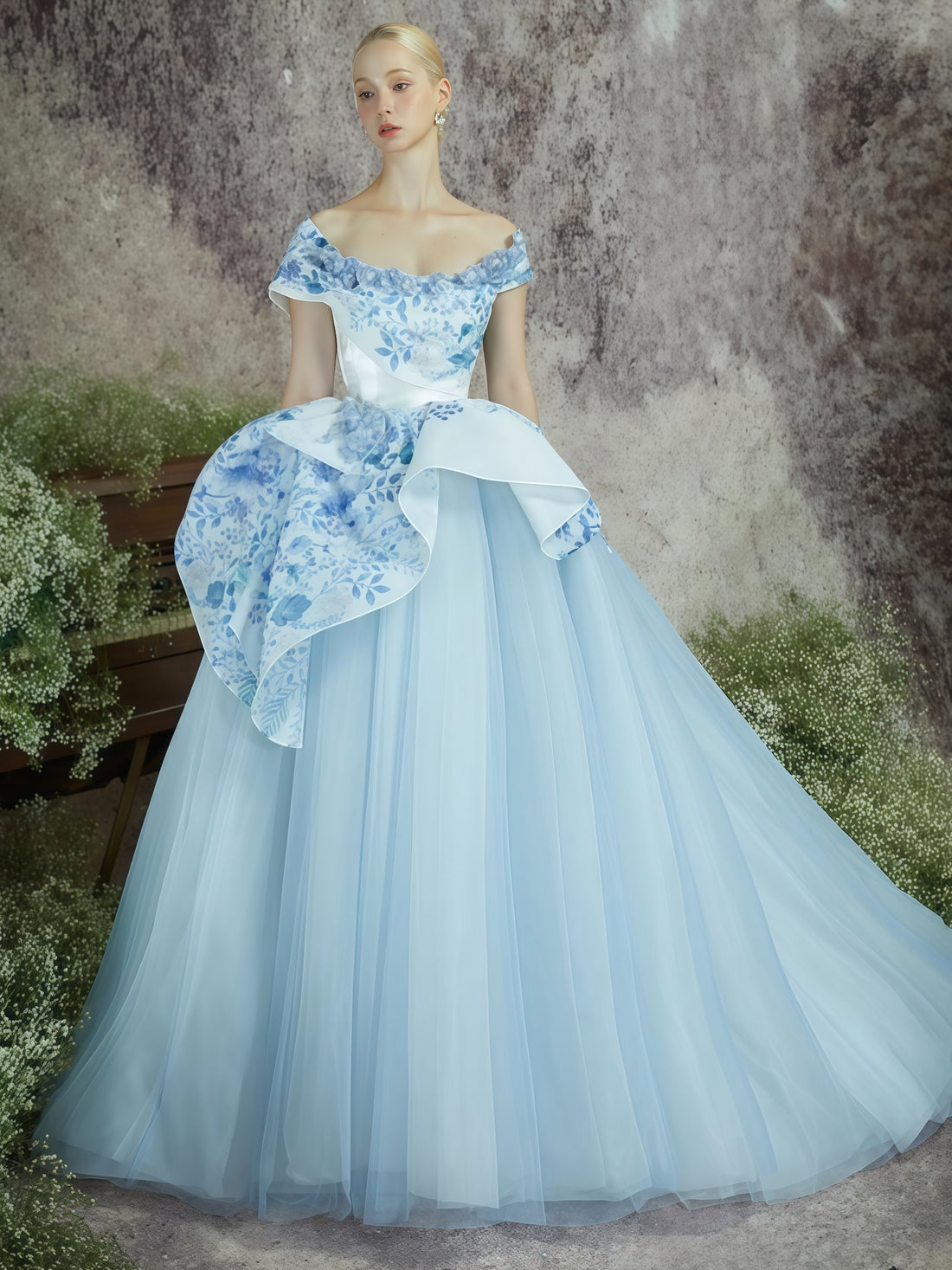 Azure Bloom Off-Shoulder Embroidered Couture Ball Gown