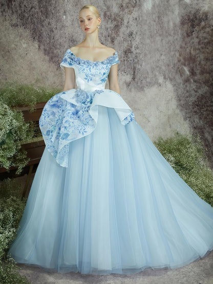 Azure Bloom Off-Shoulder Embroidered Couture Ball Gown