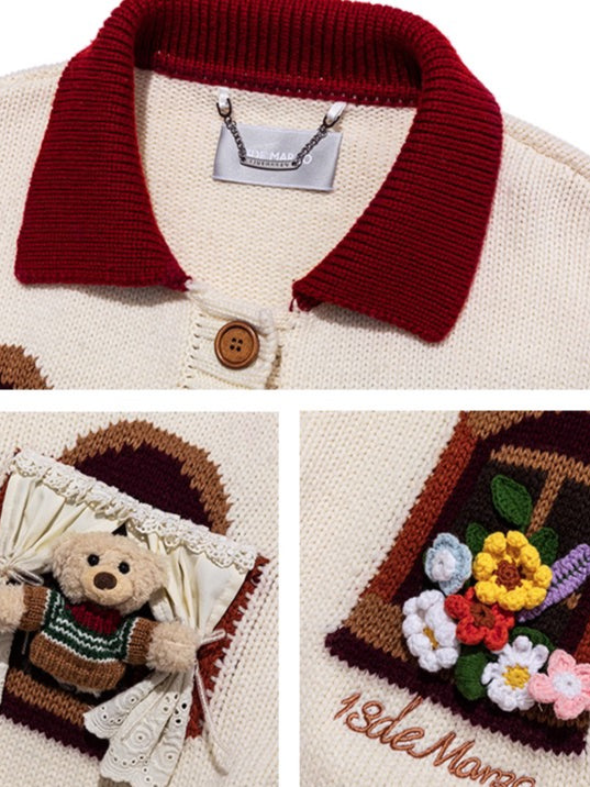 Window-View Pattern Retro Knit Cardigan