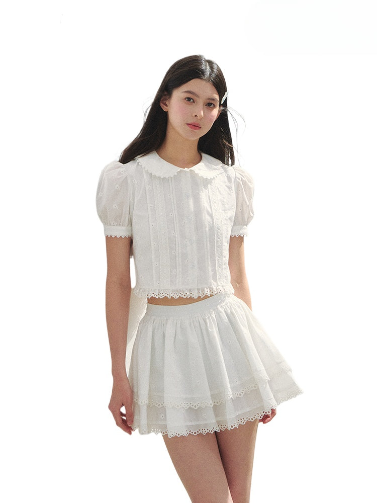 White Cotton Embroidered Shirt &amp; Skirt Set
