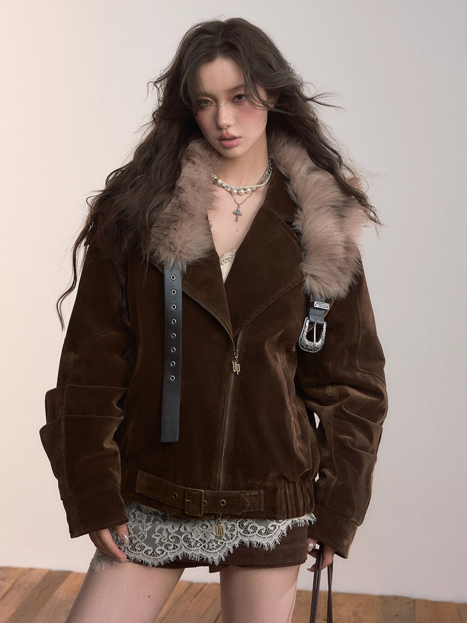 Belt Detail Retro Corduroy Down Jacket