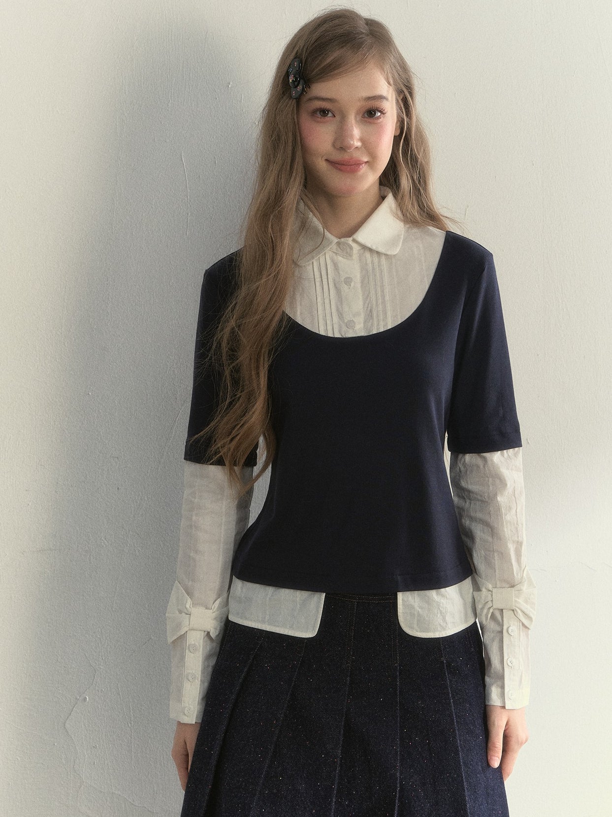 Navy Layered Long-Sleeve Knit Shirt