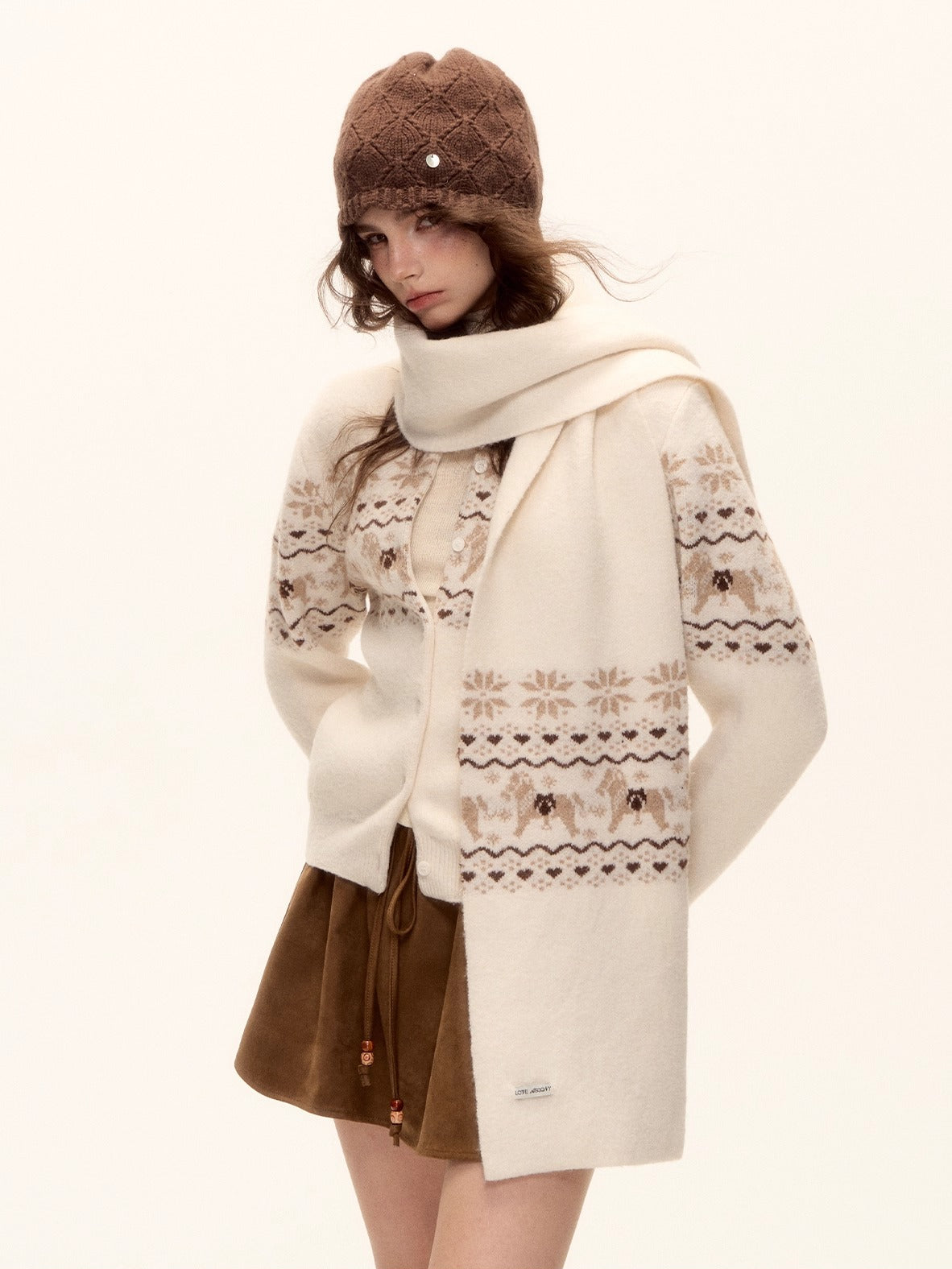 Fair Isle Wool-Blend Knit Cardigan &amp; Scarf Set