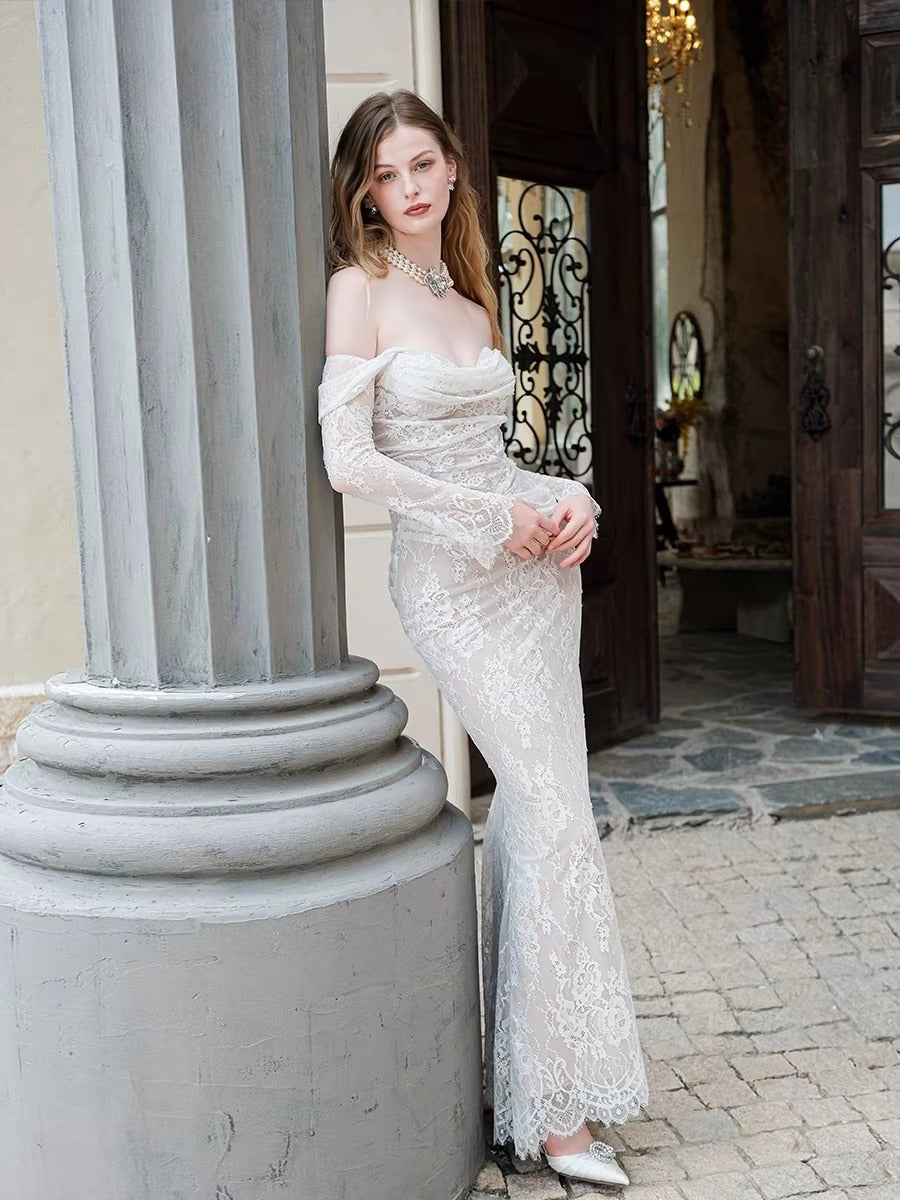 Off-Shoulder Lace-Panel Mermaid Maxi Dress