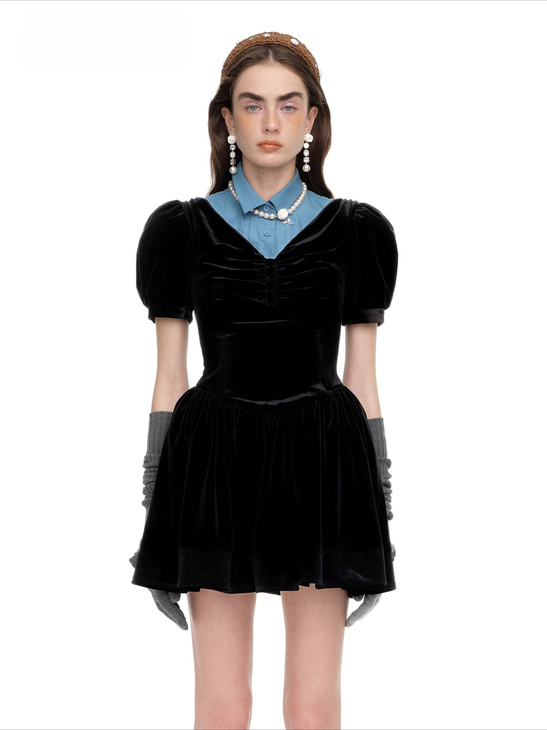 Ruched Puff-Sleeve V-Neck Mini Dress