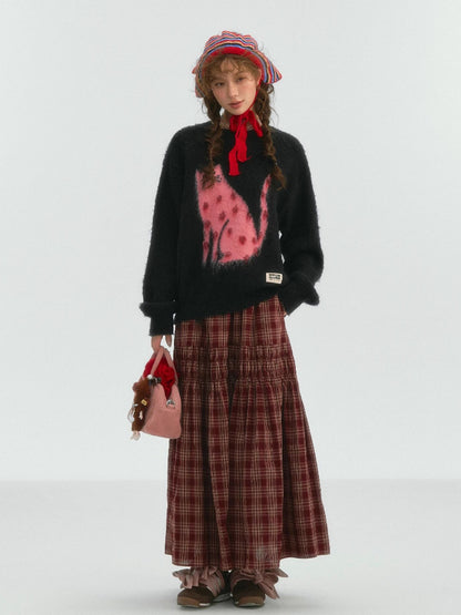 Lace Trim Drawstring Plaid Skirt