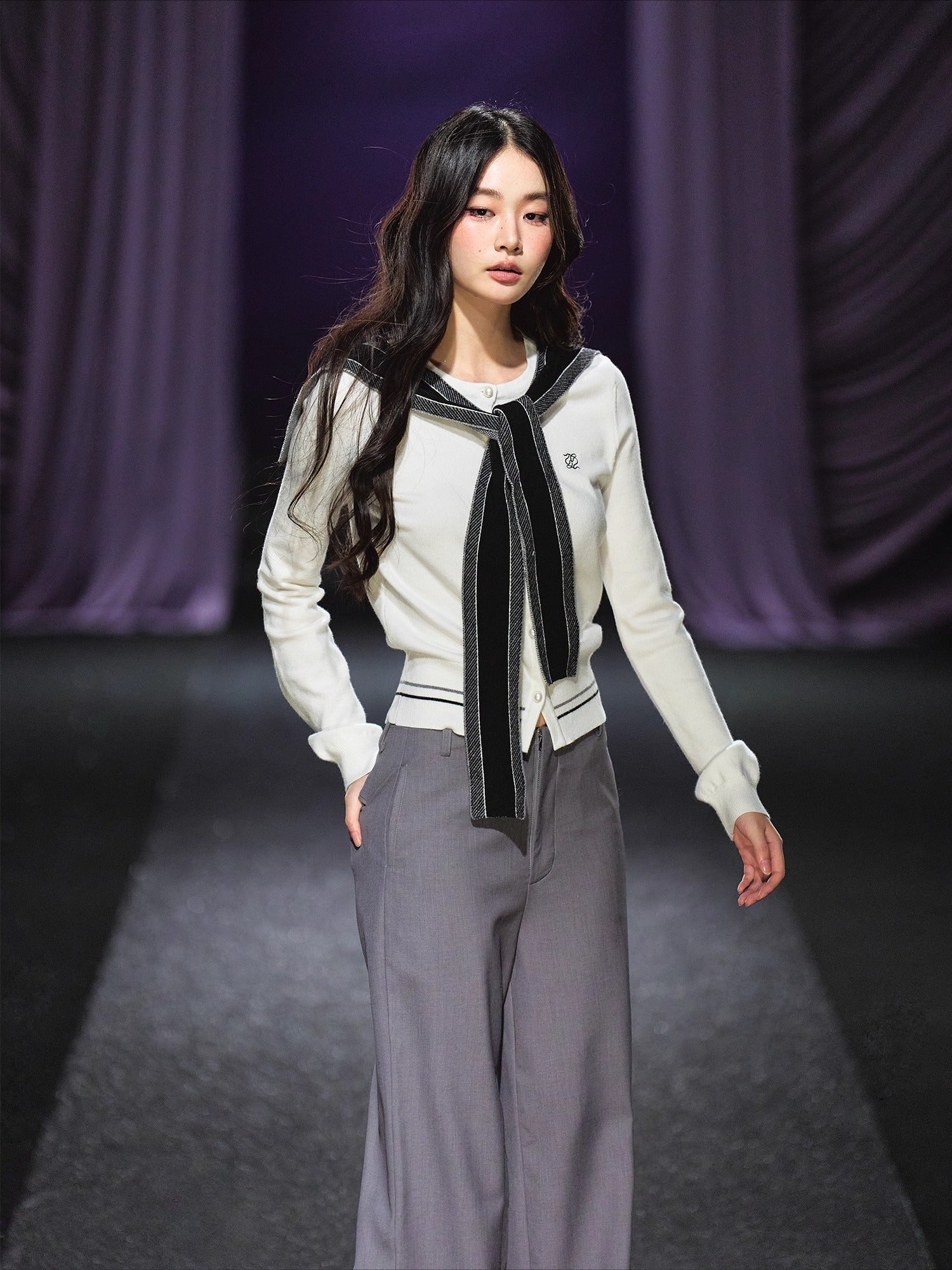 Miu-Inspired Contrast Trim Slim-Fit Knit Cardigan