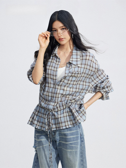 Vintage Plaid Drawstring Shirt