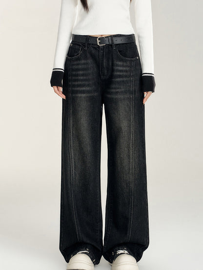 Heart-Patterned Fleece-Lined Wide-Leg Denim Pants