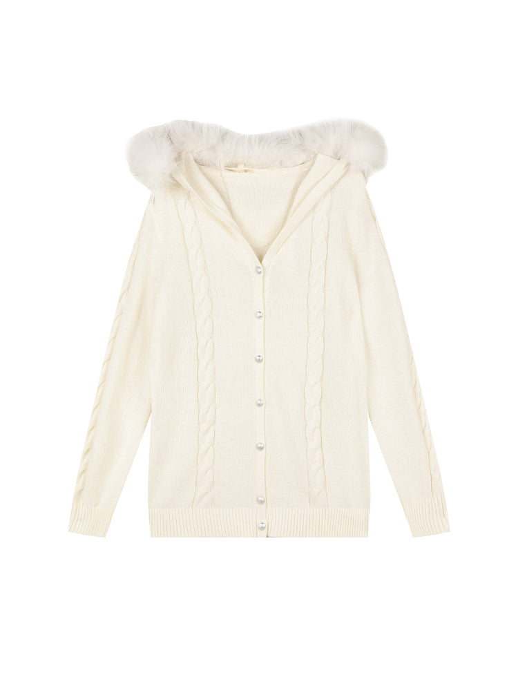 White Hooded Sweater Inner Fitted Knit Cardigan