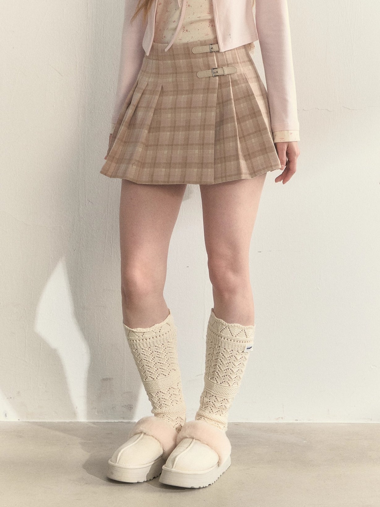 Vintage Plaid Wool Leather Buckle Pleated Skirt